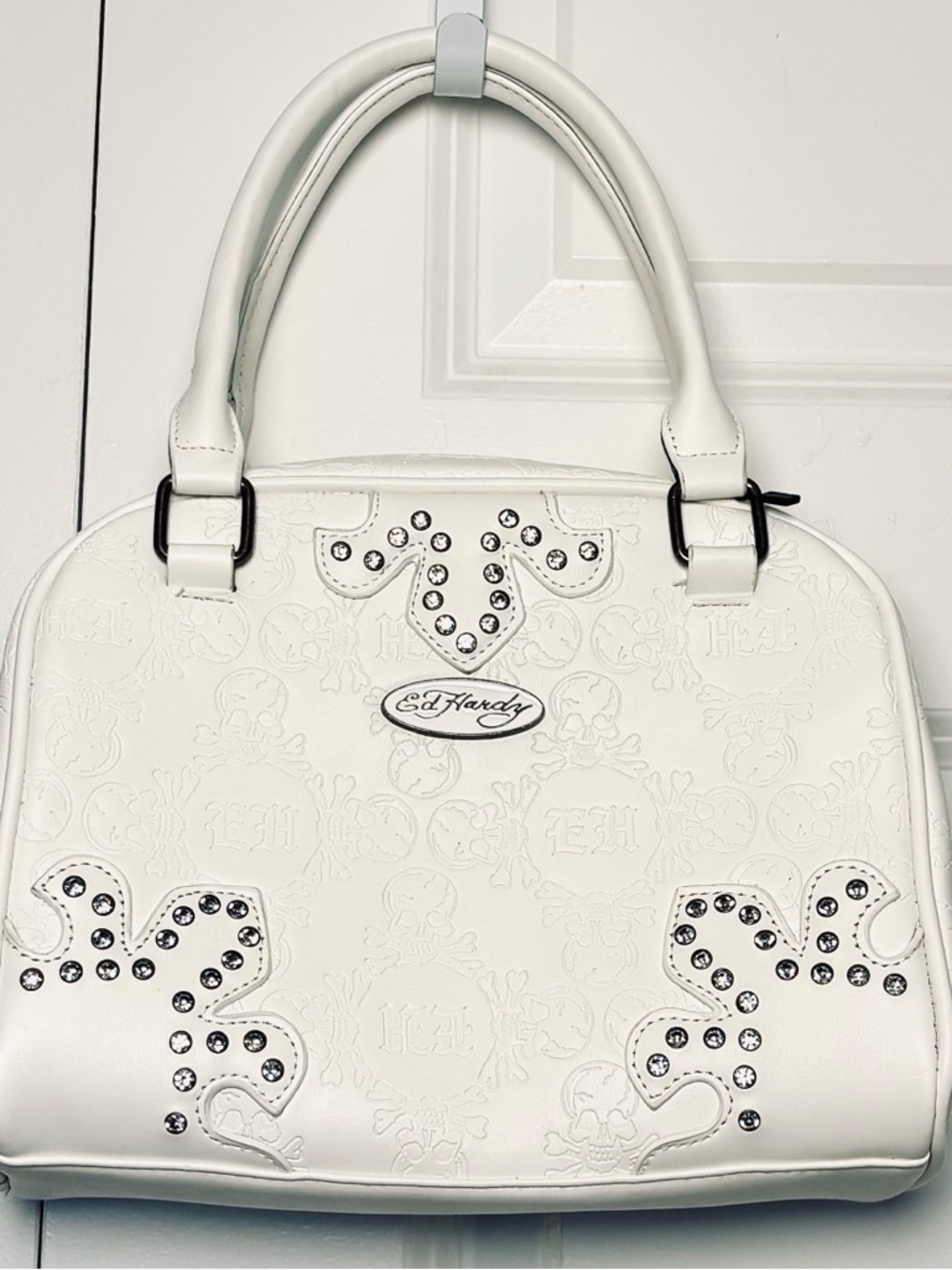 Ed Hardy White Skull Imprinted Crystal Studded Bowler-Style Satchel Handbag